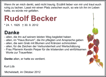 Traueranzeige von Rudolf Becker von Odenwälder Echo