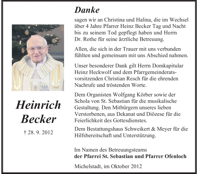 Traueranzeige für Heinrich Becker vom 27.10.2012 aus Odenwälder Echo