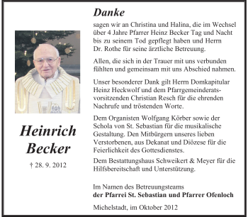 Traueranzeige von Heinrich Becker von Odenwälder Echo