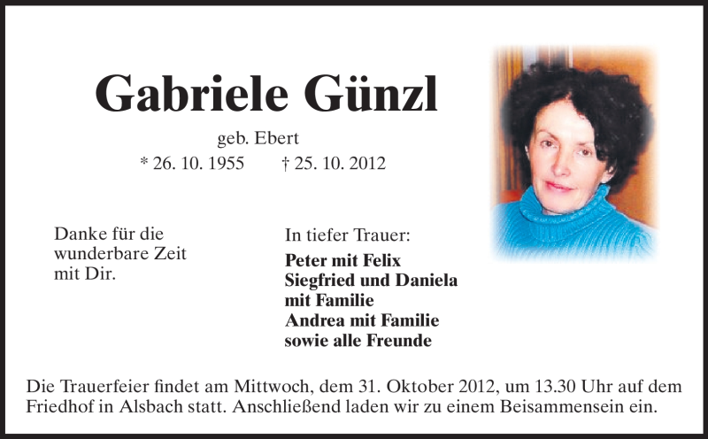  Traueranzeige für Gabriele Günzl vom 27.10.2012 aus Echo-Zeitungen (Gesamtausgabe)