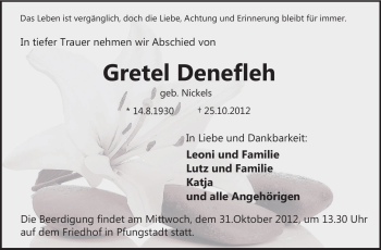 Traueranzeige von Gretel Denefleh von Echo-Zeitungen (Gesamtausgabe)