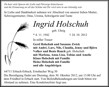 Traueranzeige von Ingrid Holschuh von Odenwälder Echo