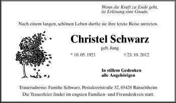 Traueranzeige von Christel Schwarz von Rüsselsheimer Echo, Groß-Gerauer-Echo, Ried Echo