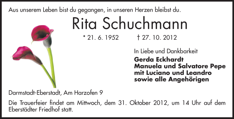  Traueranzeige für Rita Schuchmann vom 29.10.2012 aus Echo-Zeitungen (Gesamtausgabe)