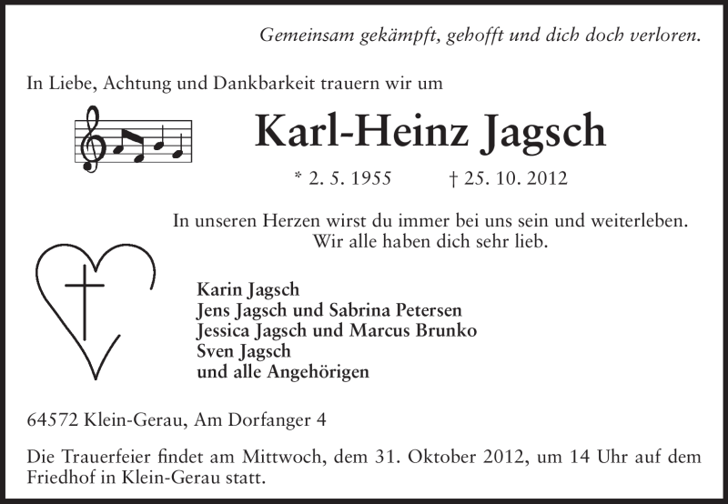  Traueranzeige für Karl-Heinz Jagsch vom 29.10.2012 aus Echo-Zeitungen (Gesamtausgabe)