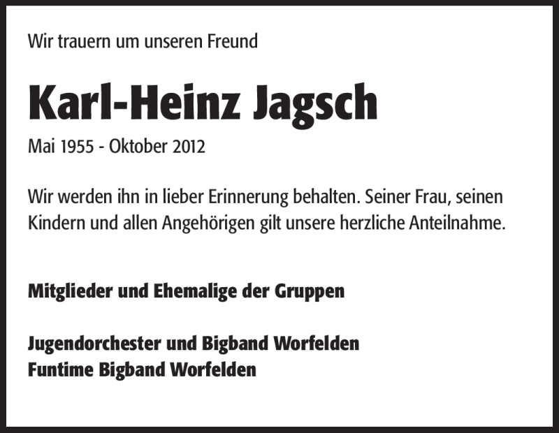  Traueranzeige für Karl-Heinz Jagsch vom 30.10.2012 aus Rüsselsheimer Echo, Groß-Gerauer-Echo, Ried Echo