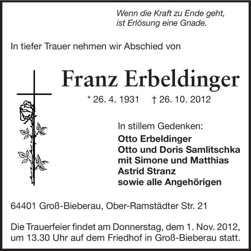  Traueranzeige für Franz Erbeldinger vom 30.10.2012 aus Echo-Zeitungen (Gesamtausgabe)