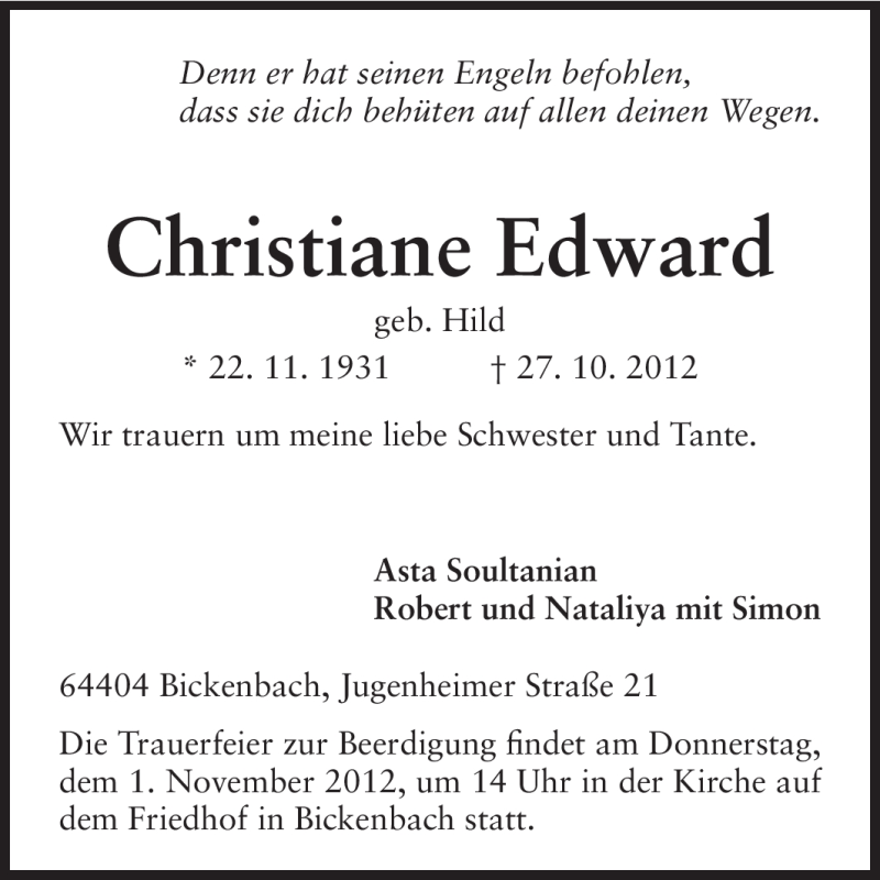  Traueranzeige für Christiane Edward vom 30.10.2012 aus Echo-Zeitungen (Gesamtausgabe)