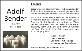 Traueranzeige von Adolf Bender von Rüsselsheimer Echo, Groß-Gerauer-Echo, Ried Echo
