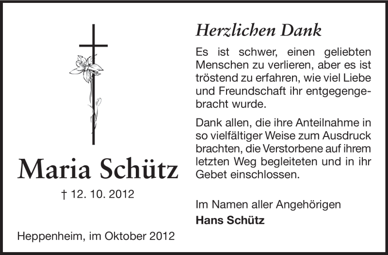 Traueranzeige für Maria Schütz vom 02.11.2012 aus Starkenburger Echo