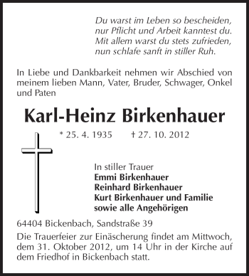 Traueranzeige von Karl-Heinz Birkenhauer von Echo-Zeitungen (Gesamtausgabe)