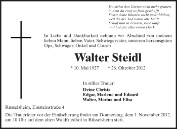 Traueranzeige von Walter Steidl von Rüsselsheimer Echo, Groß-Gerauer-Echo, Ried Echo