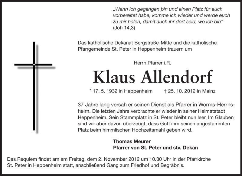  Traueranzeige für Klaus Allendorf vom 30.10.2012 aus Starkenburger Echo, Bergsträßer Anzeiger