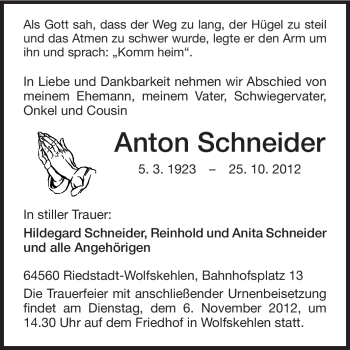 Traueranzeige von Anton Schneider von Rüsselsheimer Echo, Groß-Gerauer-Echo, Ried Echo