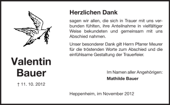 Traueranzeige von Valentin Bauer von Starkenburger Echo