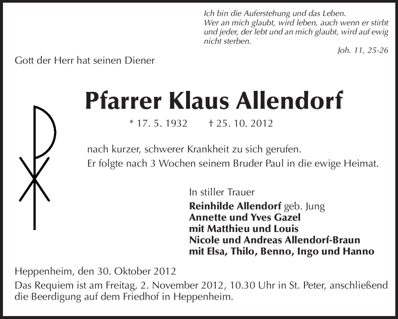  Traueranzeige für Klaus Allendorf vom 30.10.2012 aus Starkenburger Echo