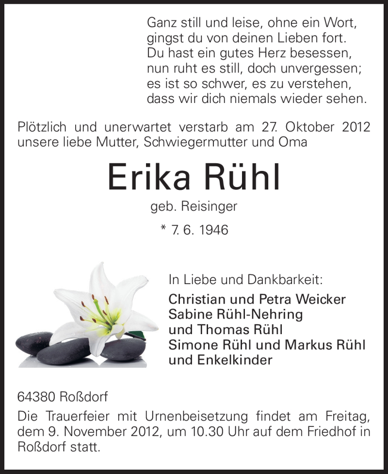  Traueranzeige für Erika Rühl vom 06.11.2012 aus Echo-Zeitungen (Gesamtausgabe)