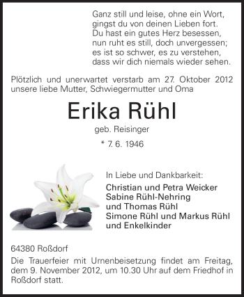 Traueranzeige von Erika Rühl von Echo-Zeitungen (Gesamtausgabe)
