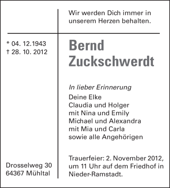 Traueranzeige von Bernd Zuckschwerdt von Echo-Zeitungen (Gesamtausgabe)