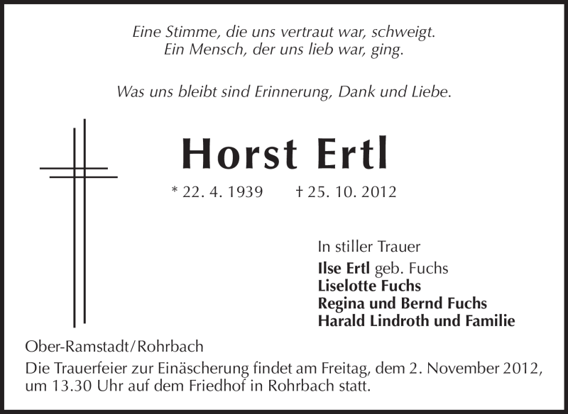  Traueranzeige für Horst Ertl vom 31.10.2012 aus Echo-Zeitungen (Gesamtausgabe)