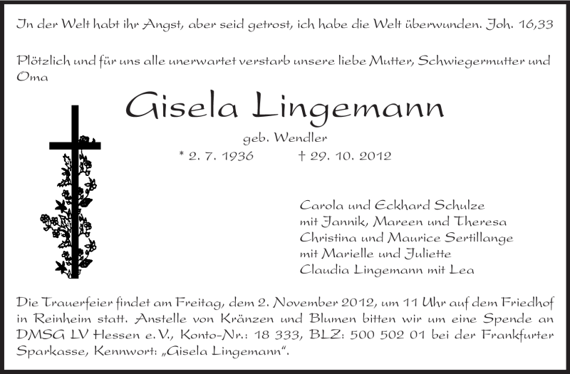  Traueranzeige für Gisela Lingemann vom 31.10.2012 aus Darmstädter Echo, Odenwälder Echo, Rüsselsheimer Echo, Groß-Gerauer-Echo, Ried Echo