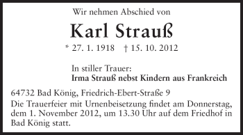Traueranzeige von Karl Strauß von Odenwälder Echo