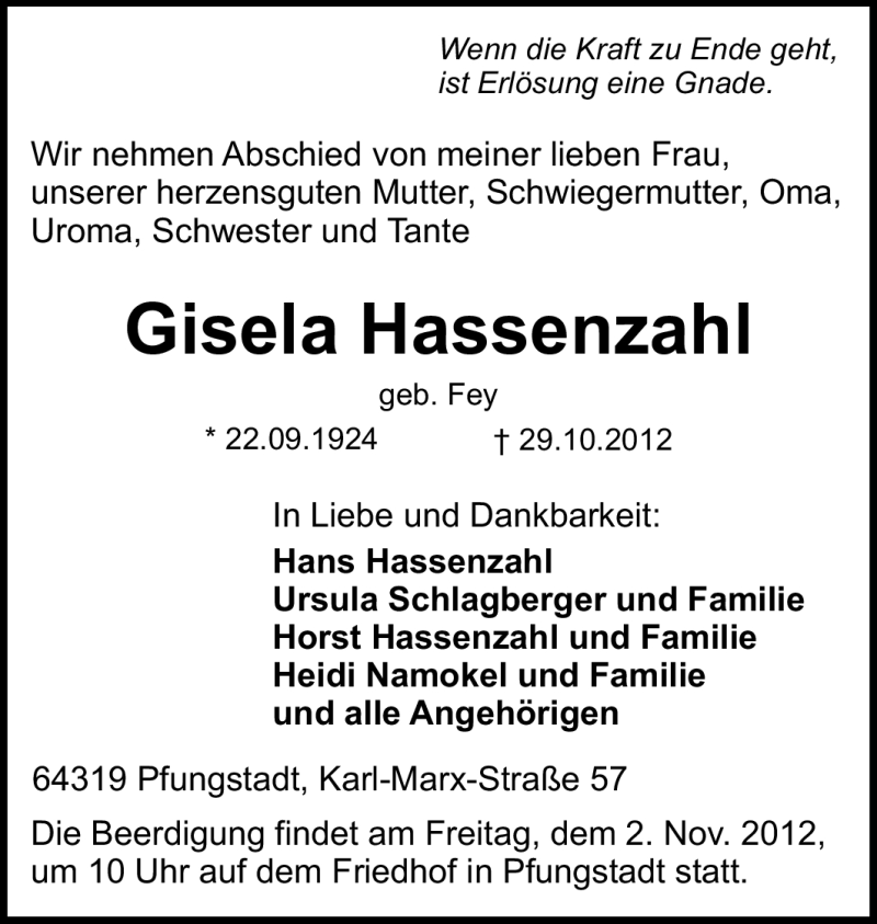  Traueranzeige für Gisela Hassenzahl vom 31.10.2012 aus Echo-Zeitungen (Gesamtausgabe)