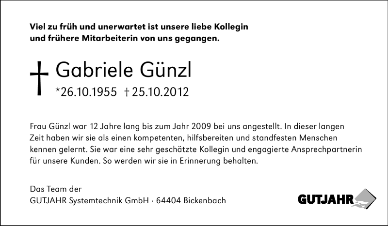  Traueranzeige für Gabriele Günzl vom 31.10.2012 aus Starkenburger Echo, Bergsträßer Anzeiger