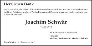 Traueranzeige von Joachim Schwär von Rüsselsheimer Echo, Groß-Gerauer-Echo, Ried Echo