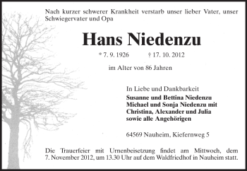 Traueranzeige von Hans Niedenzu von Rüsselsheimer Echo, Groß-Gerauer-Echo, Ried Echo
