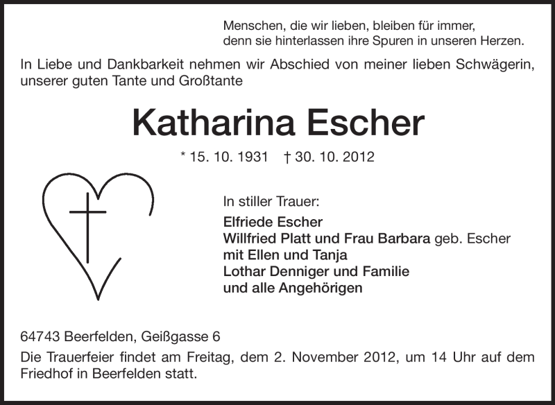  Traueranzeige für Katharina Escher vom 01.11.2012 aus Odenwälder Echo
