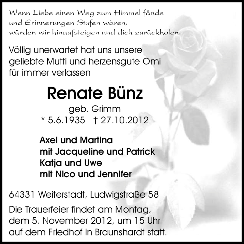 Traueranzeige für Renate Bünz vom 01.11.2012 aus Echo-Zeitungen (Gesamtausgabe)