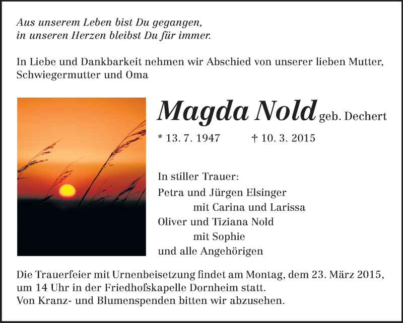  Traueranzeige für Magda Nold vom 19.03.2015 aus Rüsselsheimer Echo, Groß-Gerauer-Echo, Ried Echo