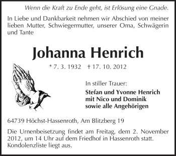 Traueranzeige von Johanna Henrich von Odenwälder Echo