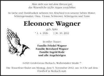 Traueranzeige von Eleonore Wagner von Rüsselsheimer Echo, Groß-Gerauer-Echo, Ried Echo