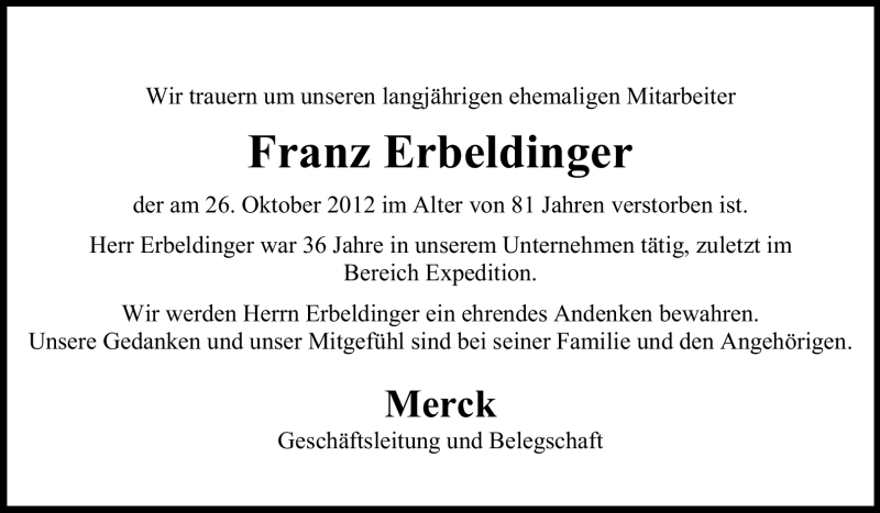  Traueranzeige für Franz Erbeldinger vom 03.11.2012 aus Echo-Zeitungen (Gesamtausgabe)