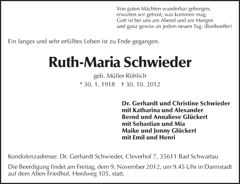  Traueranzeige für Ruth-Maria Schwieder vom 03.11.2012 aus Darmstädter Echo