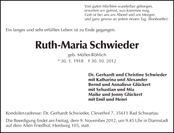 Traueranzeige von Ruth-Maria Schwieder von Darmstädter Echo