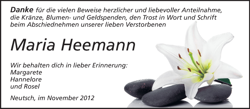  Traueranzeige für Maria Heemann vom 10.11.2012 aus Echo-Zeitungen (Gesamtausgabe)