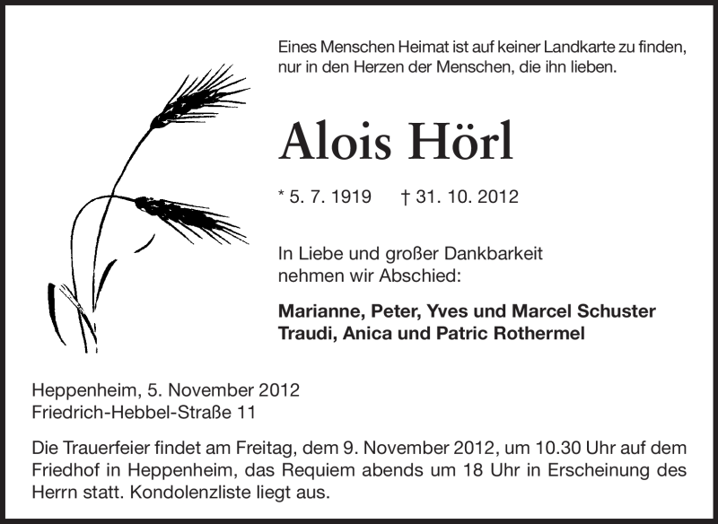  Traueranzeige für Alois Hörl vom 05.11.2012 aus Starkenburger Echo