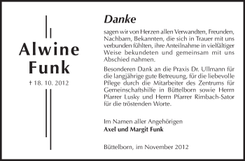 Traueranzeige von Alwine Funk von Rüsselsheimer Echo, Groß-Gerauer-Echo, Ried Echo