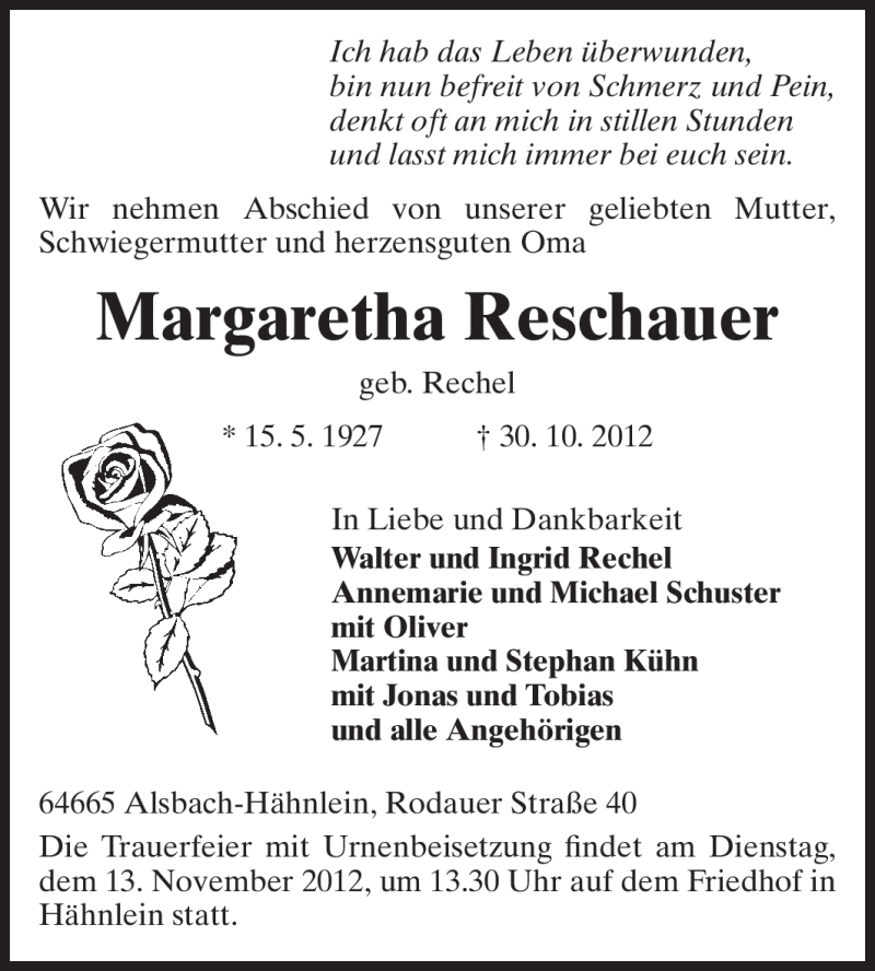  Traueranzeige für Margaretha Reschauer vom 06.11.2012 aus Echo-Zeitungen (Gesamtausgabe)