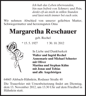 Traueranzeige von Margaretha Reschauer von Echo-Zeitungen (Gesamtausgabe)