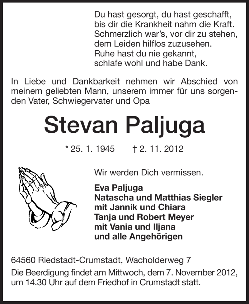  Traueranzeige für Stevan Paljaga vom 05.11.2012 aus Echo-Zeitungen (Gesamtausgabe)
