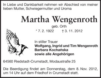Traueranzeige von Martha Wengenroth von Echo-Zeitungen (Gesamtausgabe)