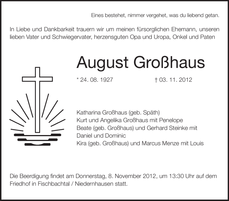  Traueranzeige für August Großhaus vom 06.11.2012 aus Echo-Zeitungen (Gesamtausgabe)
