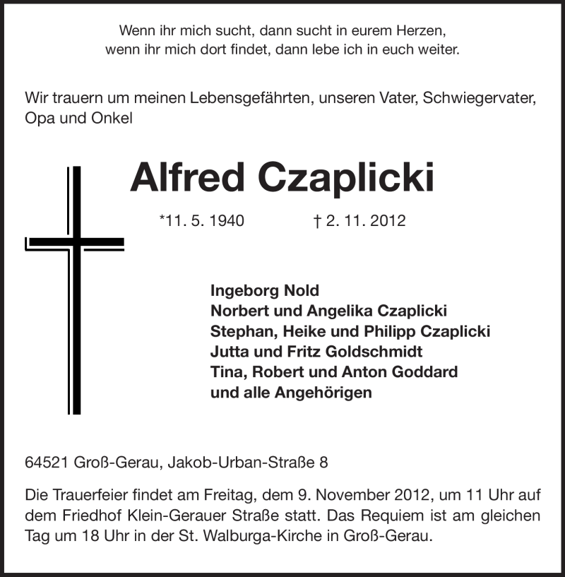  Traueranzeige für Alfred Czaplicki vom 07.11.2012 aus Rüsselsheimer Echo, Groß-Gerauer-Echo, Ried Echo
