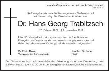Traueranzeige von Hans Georg Trabitzsch von Echo-Zeitungen (Gesamtausgabe)