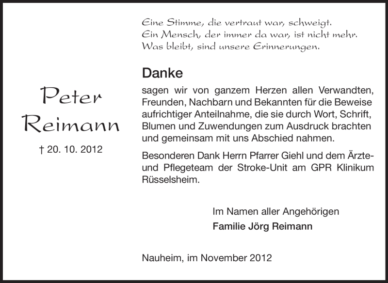  Traueranzeige für Peter Reimann vom 07.11.2012 aus Rüsselsheimer Echo, Groß-Gerauer-Echo, Ried Echo