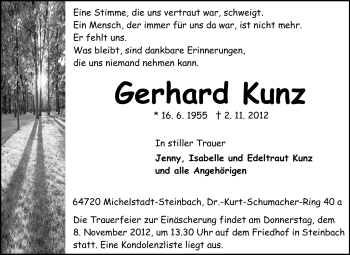 Traueranzeige von Gerhard Kunz von Odenwälder Echo